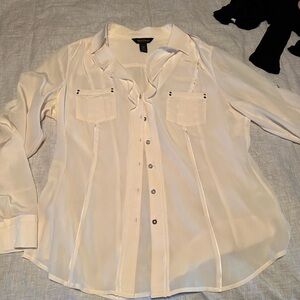 Cream Button Down Shirt with Notched Collar and Cuffed Sleeves